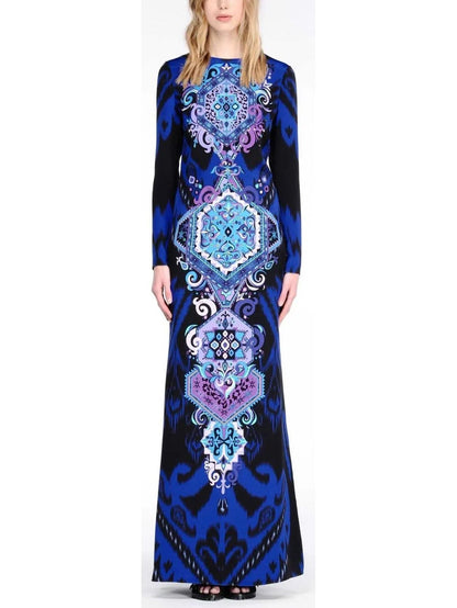 Suzani Motif Printed Long Gown in Blue - s - Dresses