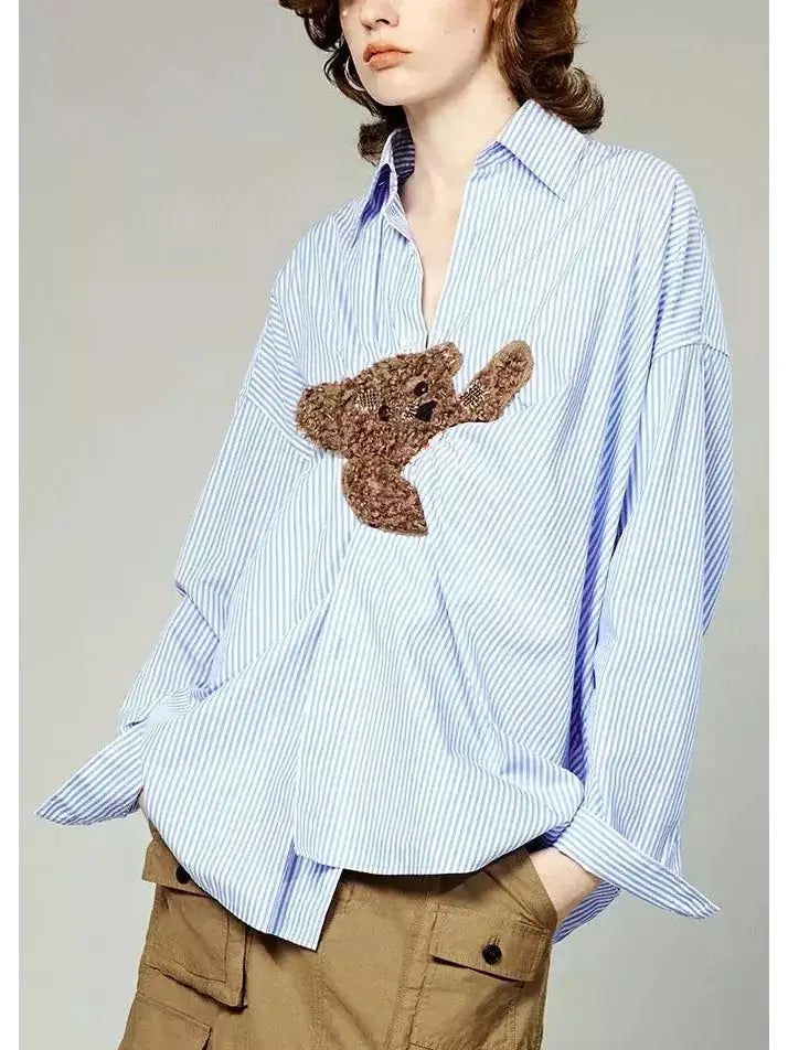 Teddy Bear Embroidered Stripe Shirt - Tops