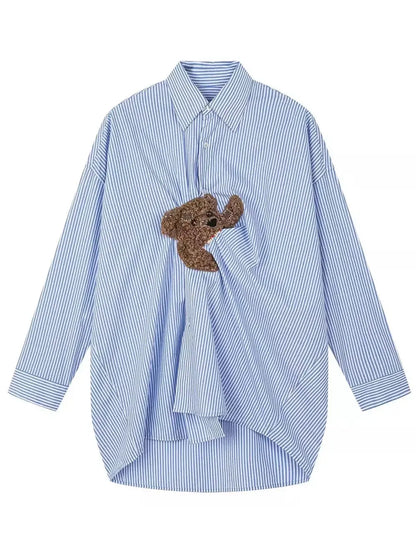 Teddy Bear Embroidered Stripe Shirt - Tops