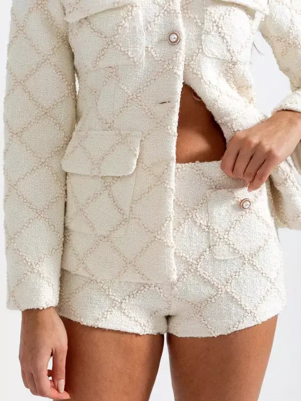 White Textured Tweed Jacket and Matching Short Set displayed in a stylish outfit