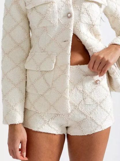 White Textured Tweed Jacket and Matching Short Set displayed in a stylish outfit