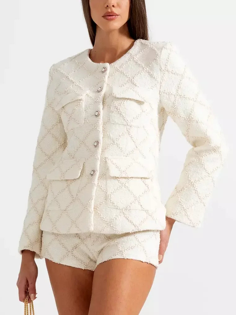 White textured tweed jacket and matching short set for a stylish summer look