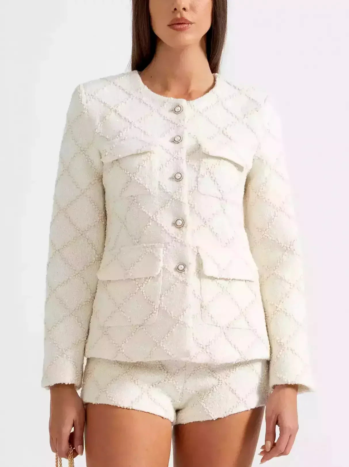 White textured tweed jacket with matching short set for stylish summer outfits