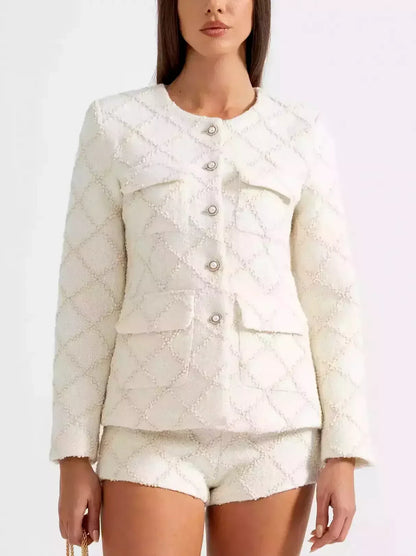 White textured tweed jacket with matching short set for stylish summer outfits