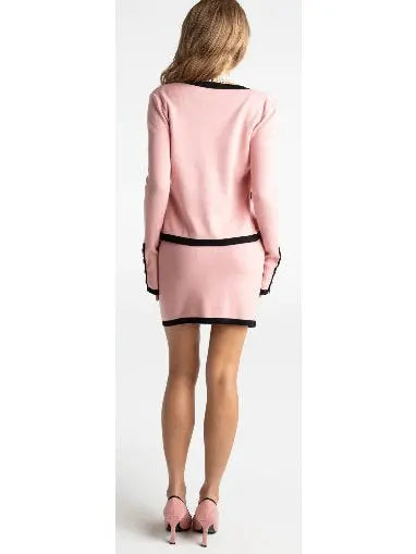 Three-Piece Knit Cardigan Top and Skirt Set in Pink with Black Trim - Suits & Sets