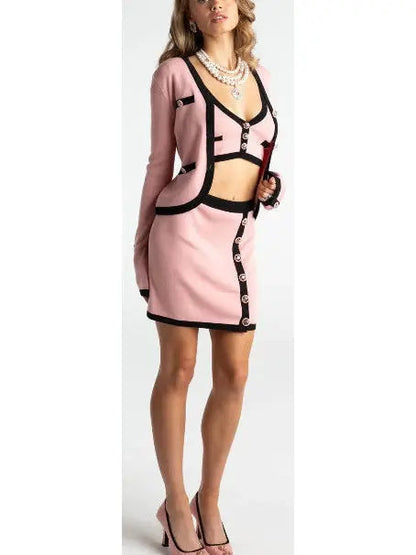 Three-Piece Knit Cardigan Top and Skirt Set in Pink with Black Trim - Suits & Sets