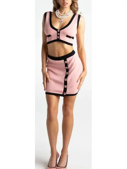 Three-Piece Knit Cardigan Top and Skirt Set in Pink with Black Trim - Suits & Sets