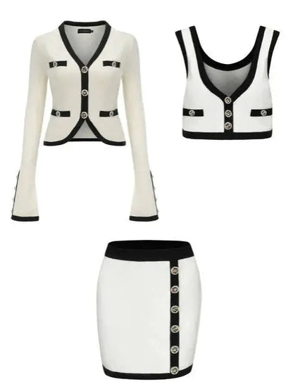 Three-Piece Knit Cardigan Top and Skirt Set in White with Black Trim - Suits & Sets