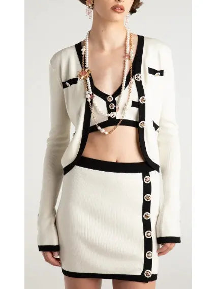 Three-Piece Knit Cardigan Top and Skirt Set in White with Black Trim - Suits & Sets