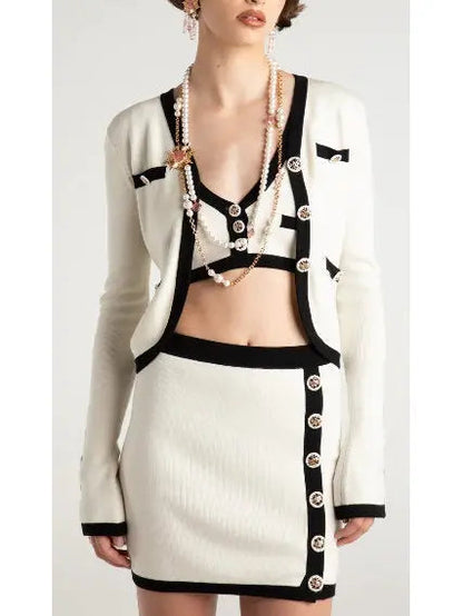 Three-Piece Knit Cardigan Top and Skirt Set in White with Black Trim - Suits & Sets