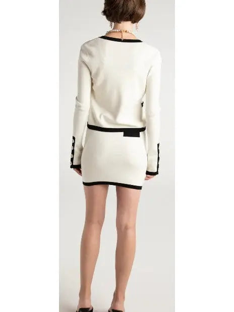 Three-Piece Knit Cardigan Top and Skirt Set in White with Black Trim - Suits & Sets