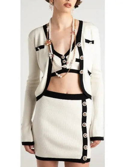 Three-Piece Knit Cardigan Top and Skirt Set in White with Black Trim - s - Suits & Sets