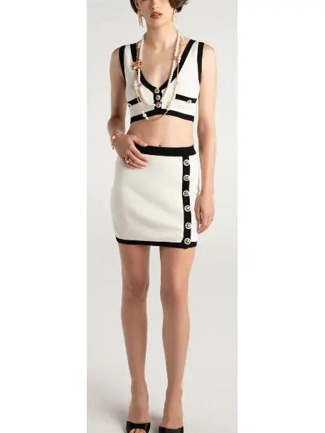 Three-Piece Knit Cardigan Top and Skirt Set in White with Black Trim - Suits & Sets