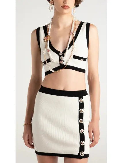 Three-Piece Knit Cardigan Top and Skirt Set in White with Black Trim - Suits & Sets