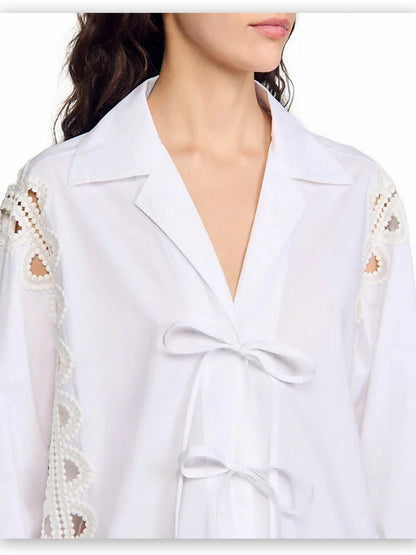 Tie-Front Cut-Out White Shirt - Tops