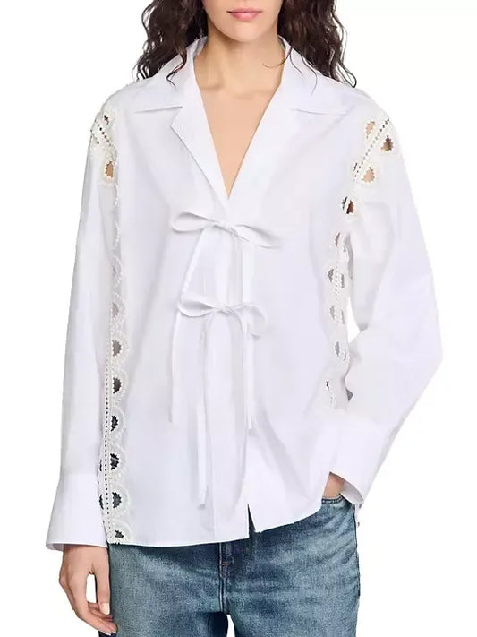 Tie-Front Cut-Out White Shirt - Medium - Tops