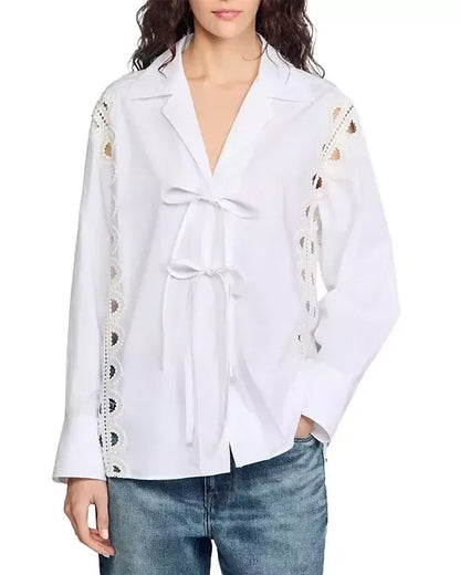 Tie-Front Cut-Out White Shirt - Small - Tops