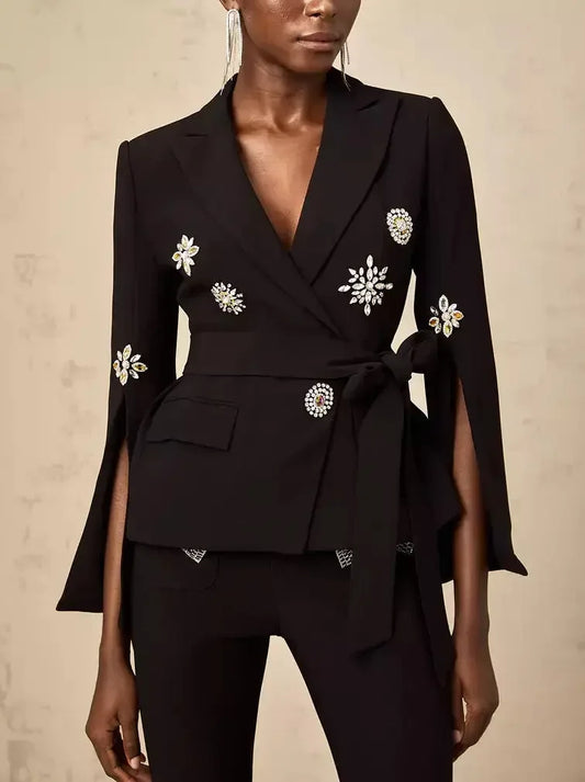 Tie-Waist Black Embellished Blazer - Jackets