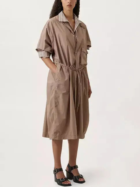 Tie-Waist Parachute Cotton Dress in Khaki - Dresses