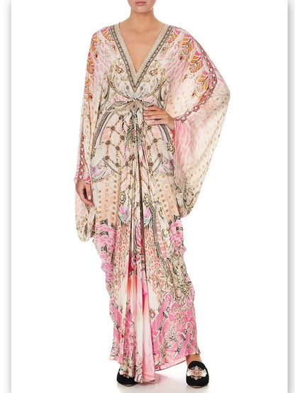 Tie-Waist Print V-Neck Silk Kaftan Dress in Pink Shades - One size - Dresses