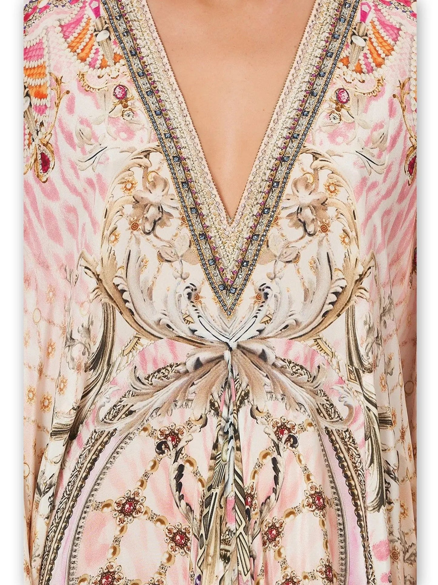 Tie-Waist Print V-Neck Silk Kaftan Dress in Pink Shades - One size - Dresses