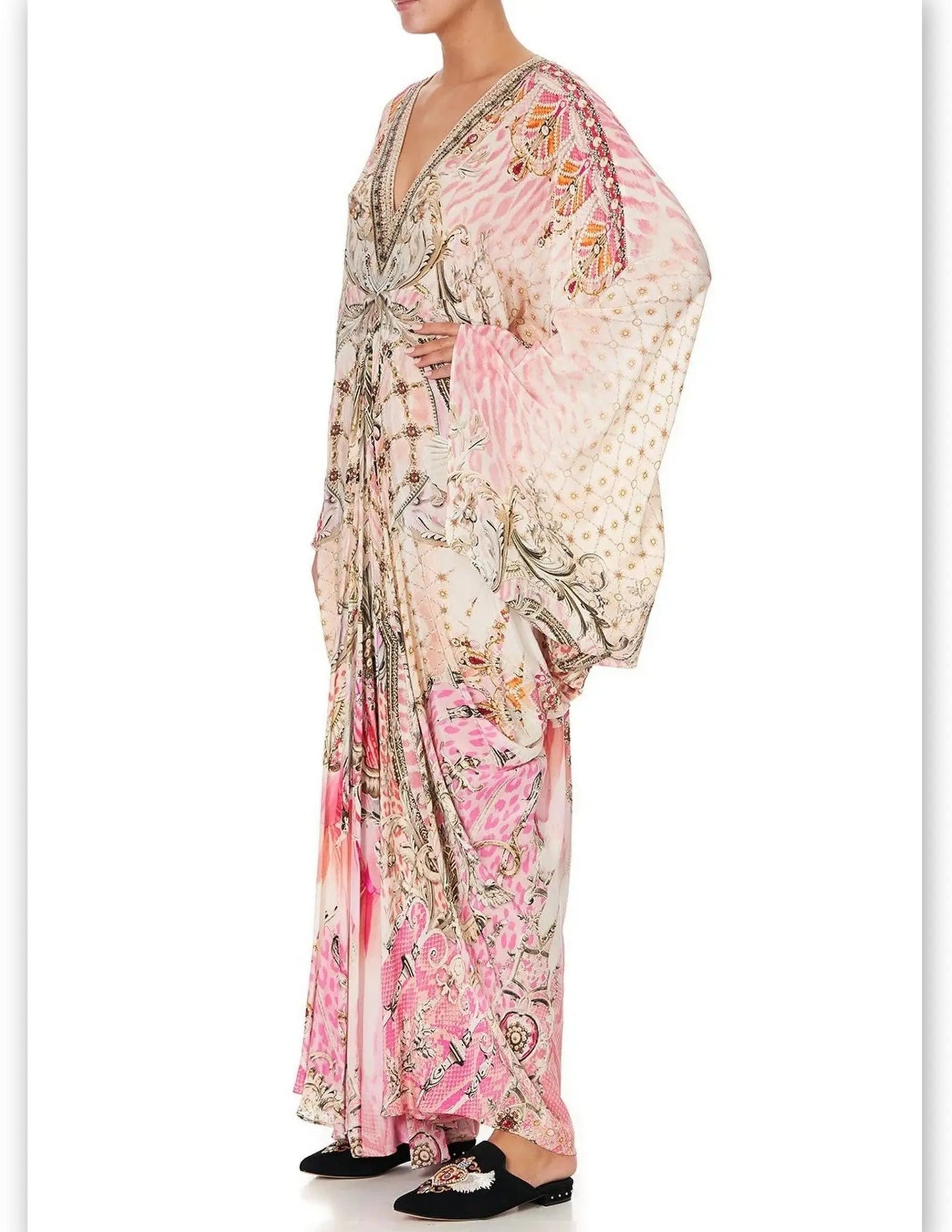 Tie-Waist Print V-Neck Silk Kaftan Dress in Pink Shades - One size - Dresses