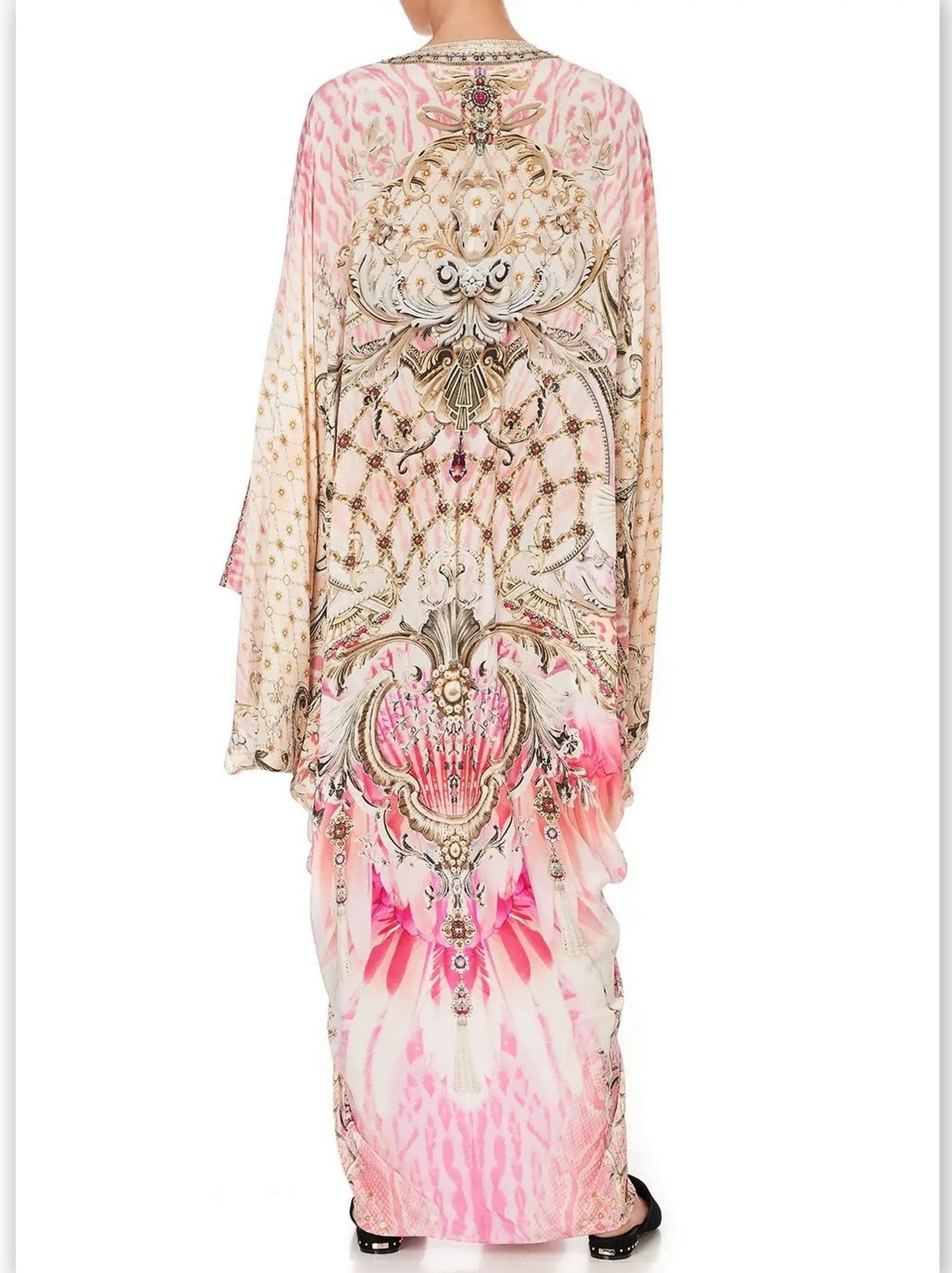 Tie-Waist Print V-Neck Silk Kaftan Dress in Pink Shades - One size - Dresses