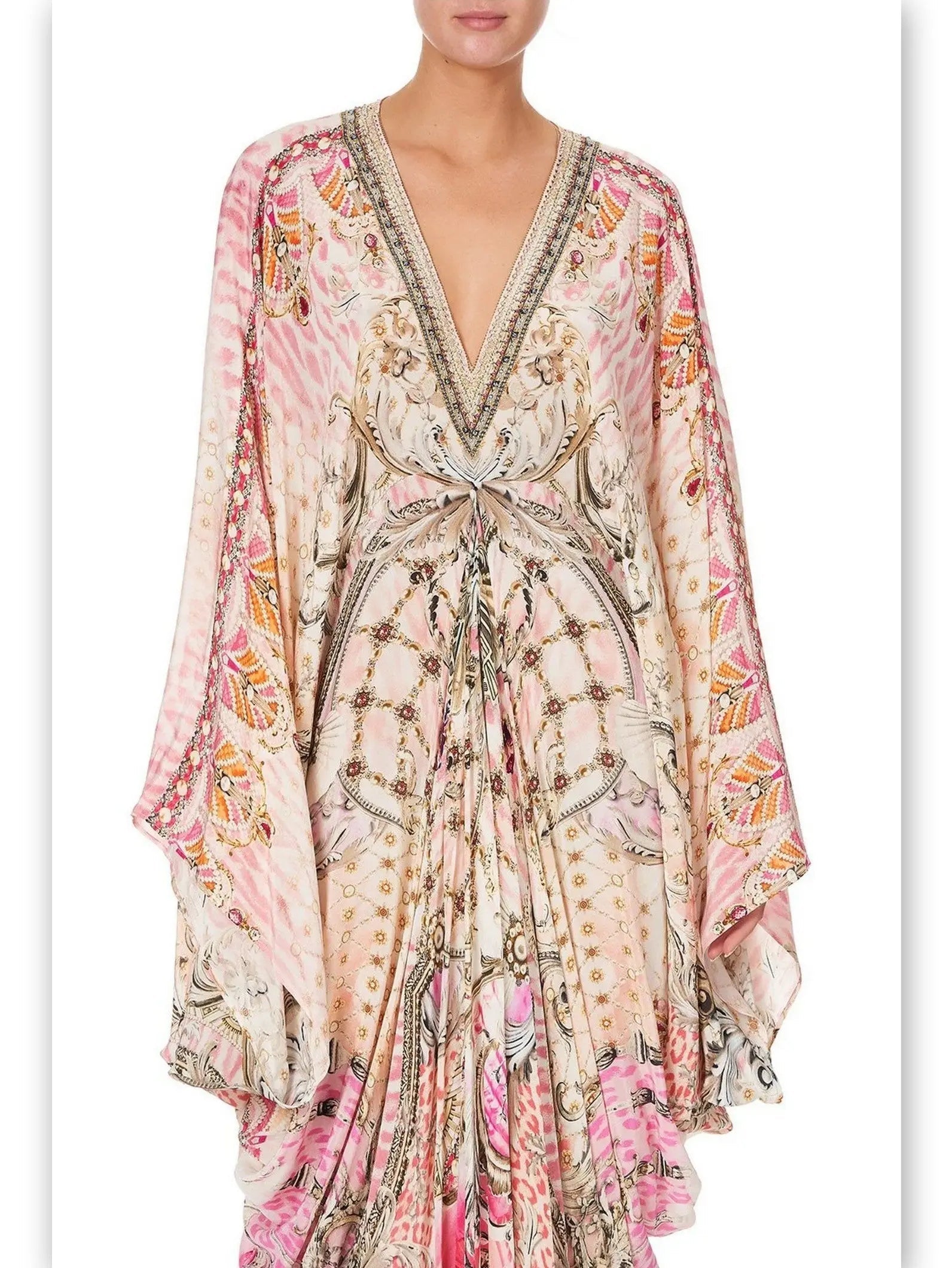 Tie-Waist Print V-Neck Silk Kaftan Dress in Pink Shades - One size - Dresses