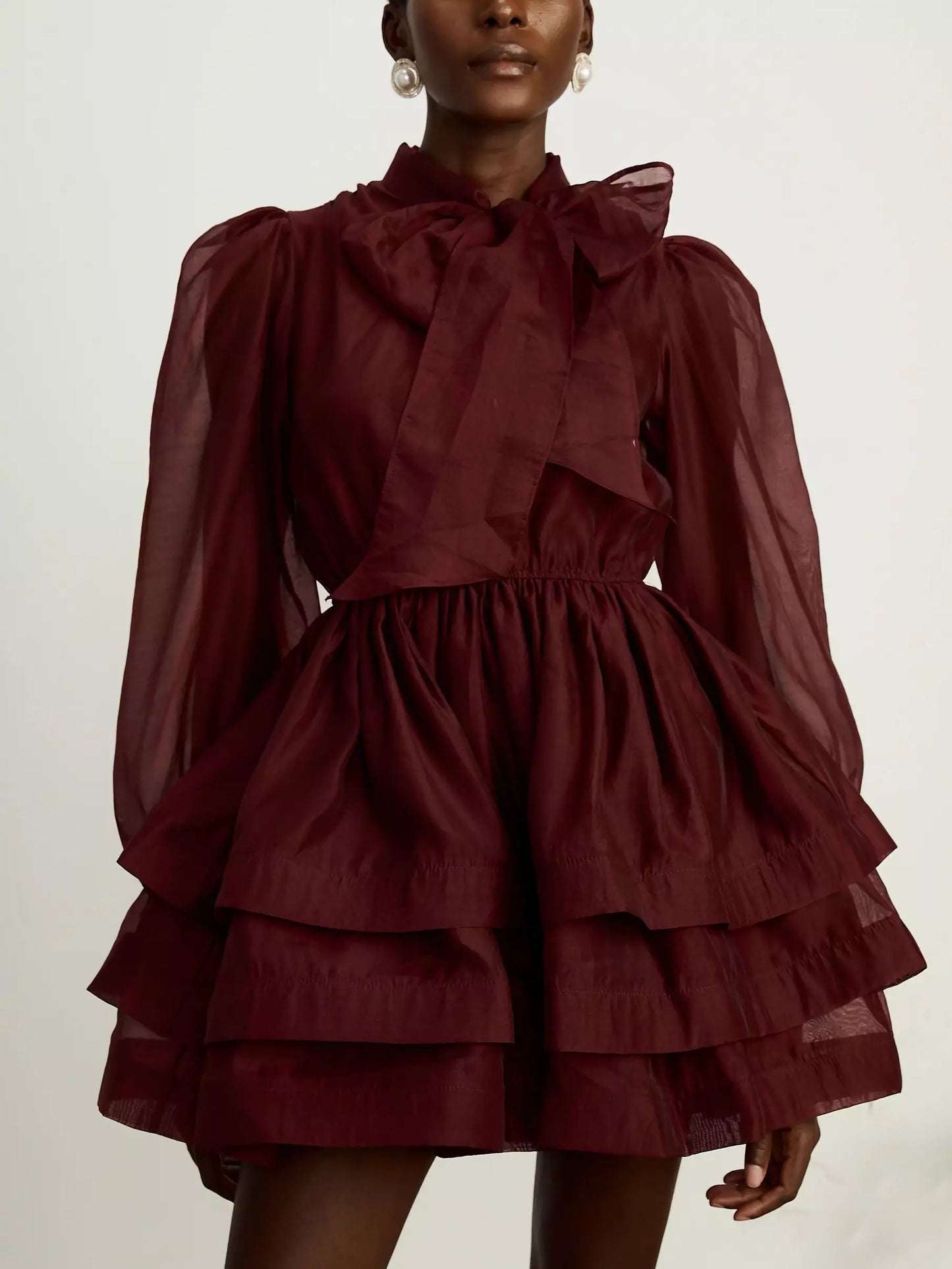 Tiered Flared Mini Dress with Neck Tie in Burgundy - Dresses