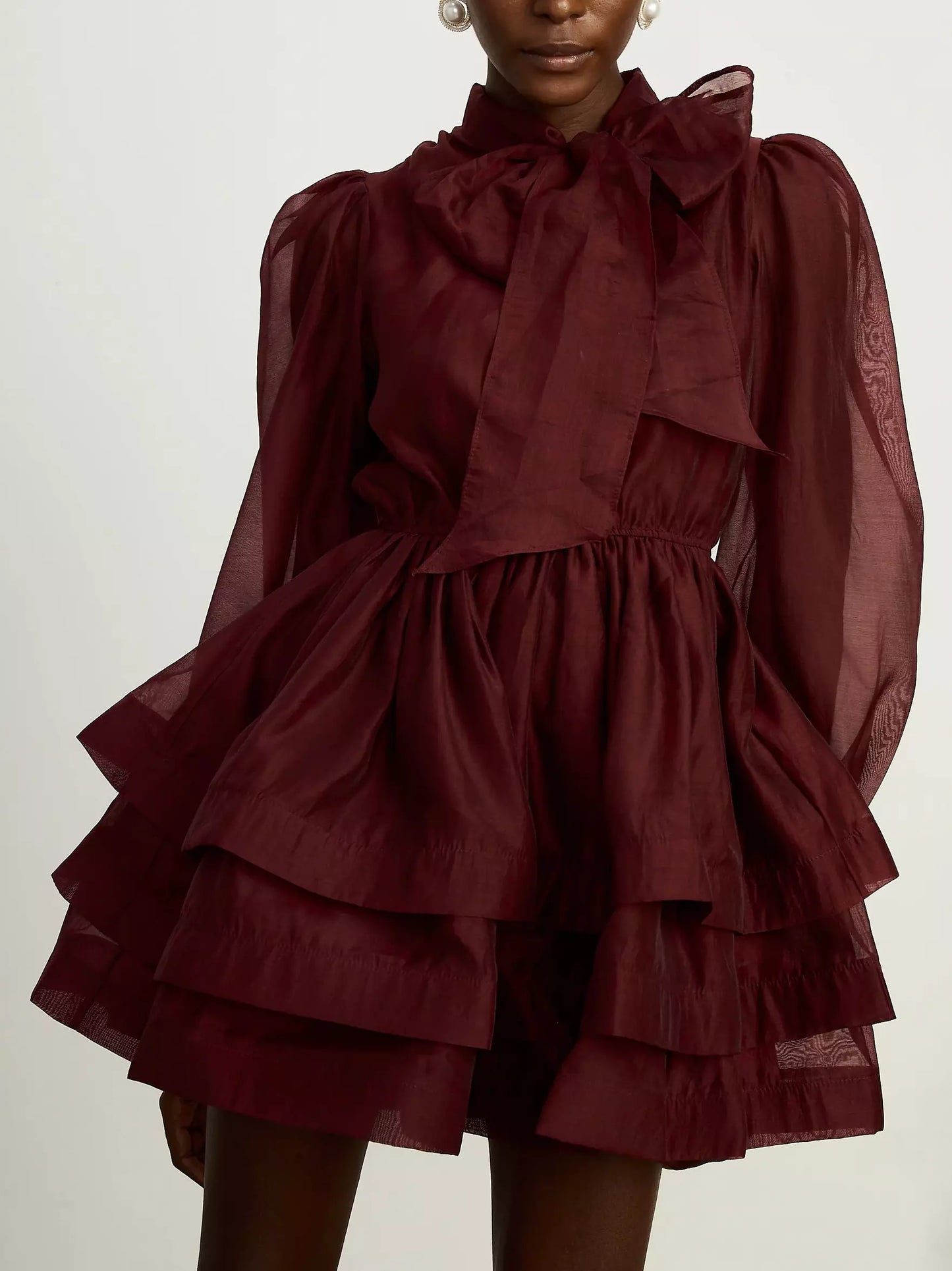 Tiered Flared Mini Dress with Neck Tie in Burgundy - Dresses