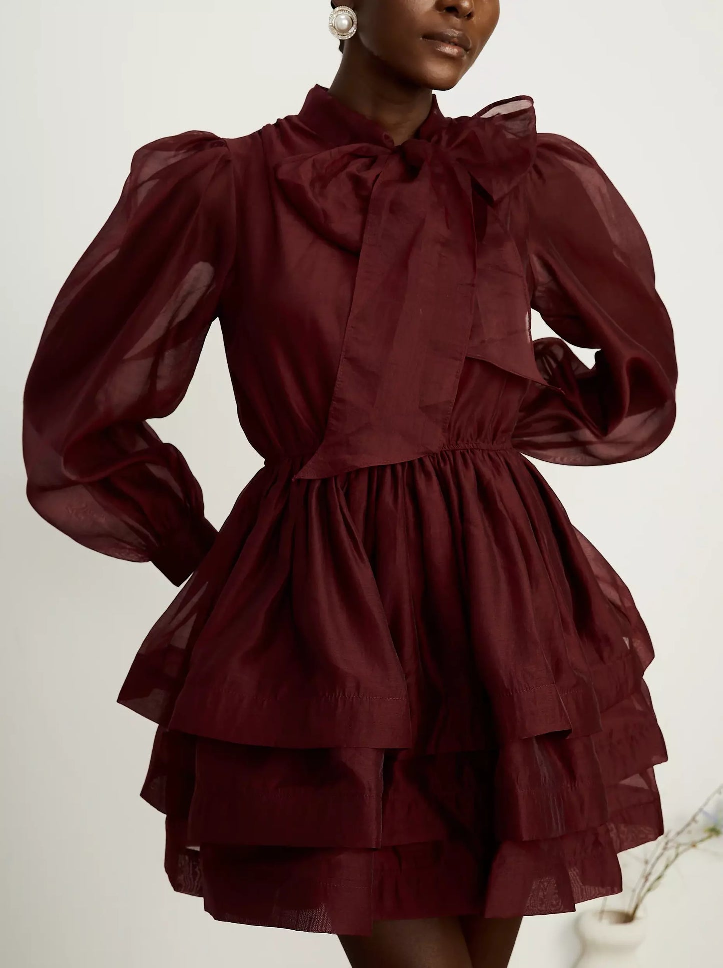 Tiered Flared Mini Dress with Neck Tie in Burgundy - Dresses