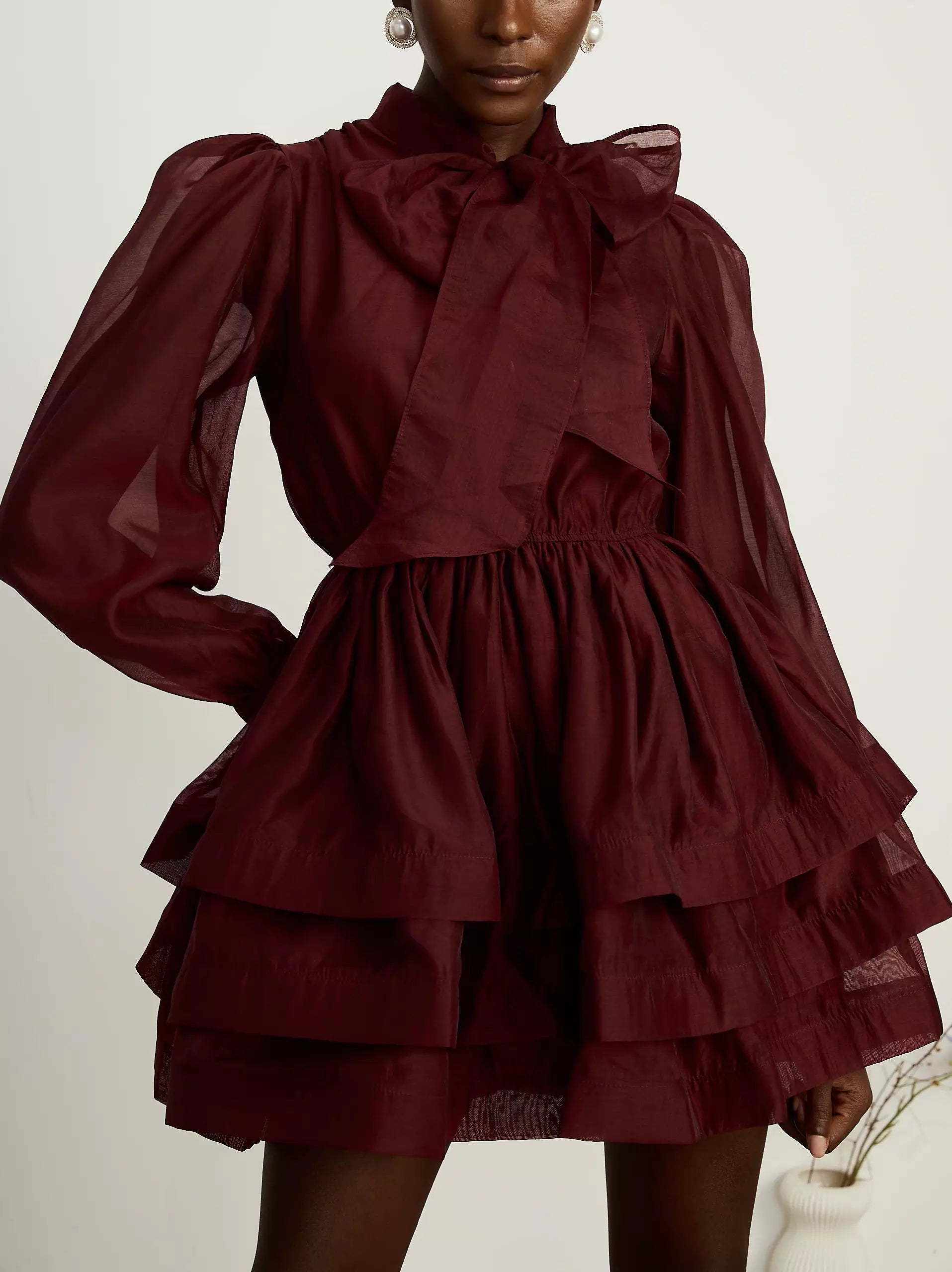 Tiered Flared Mini Dress with Neck Tie in Burgundy - Dresses