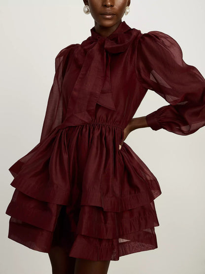 Tiered Flared Mini Dress with Neck Tie in Burgundy - Dresses