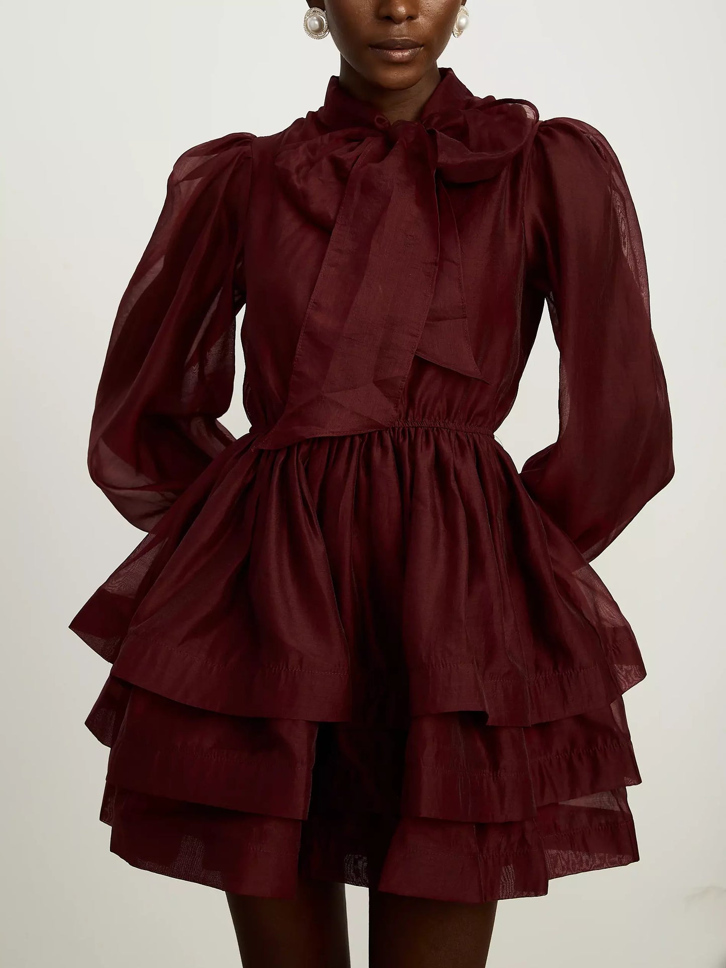 Tiered Flared Mini Dress with Neck Tie in Burgundy - Dresses