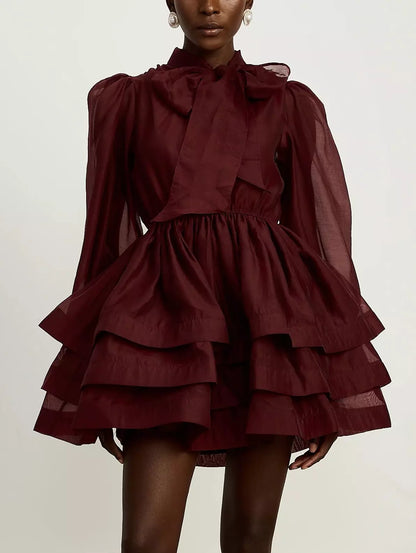 Tiered Flared Mini Dress with Neck Tie in Burgundy - Dresses