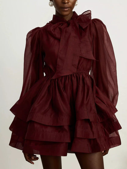 Tiered Flared Mini Dress with Neck Tie in Burgundy - Dresses