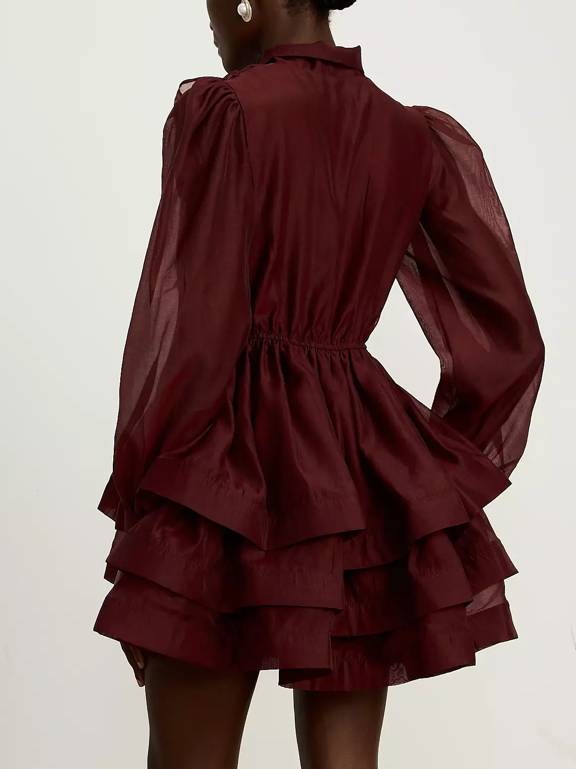 Tiered Flared Mini Dress with Neck Tie in Burgundy - Dresses