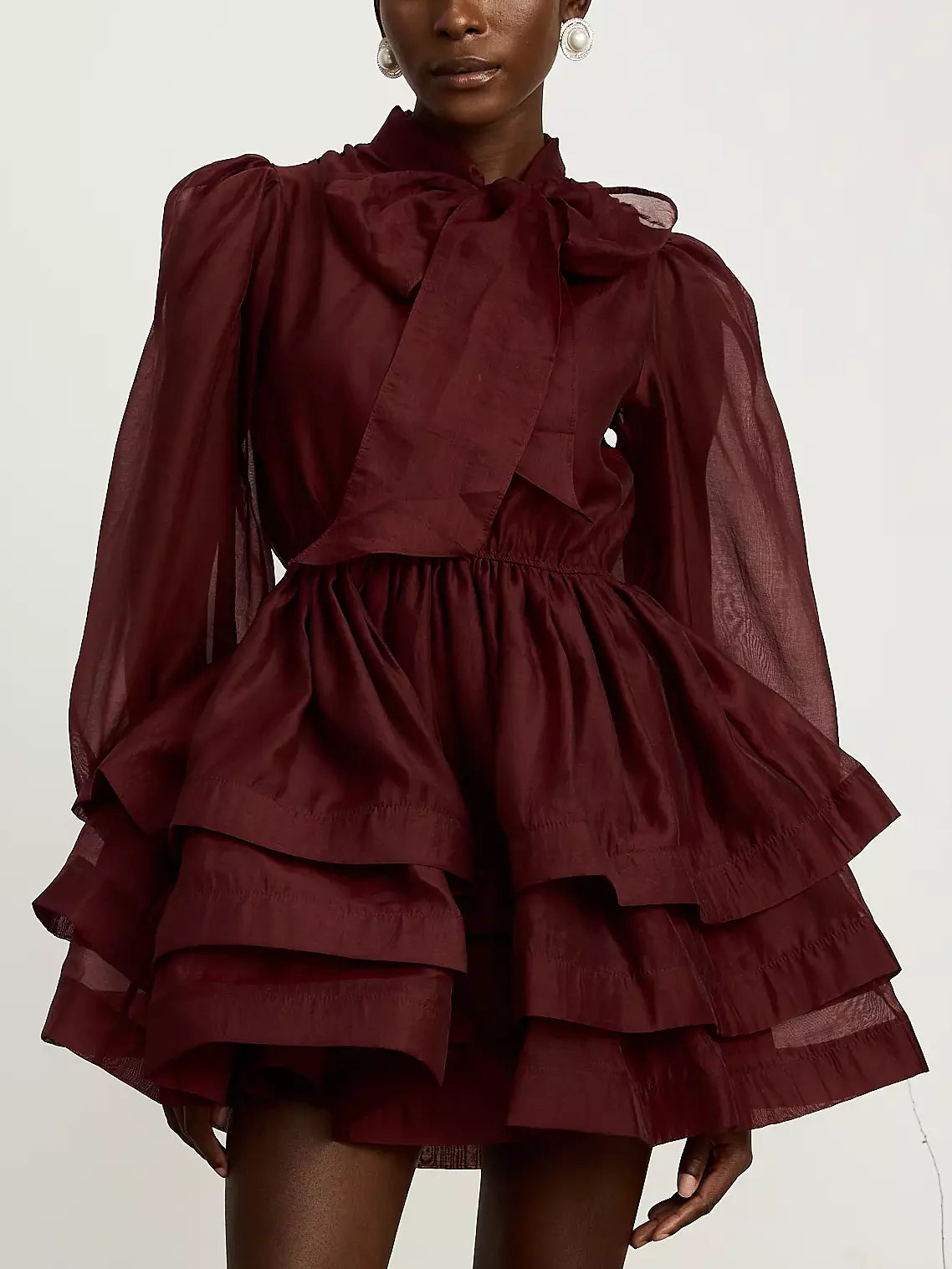 Tiered Flared Mini Dress with Neck Tie in Burgundy - Dresses