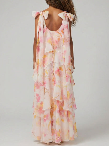Tiered Floral Chiffon Ruffle Maxi Dress - Dresses
