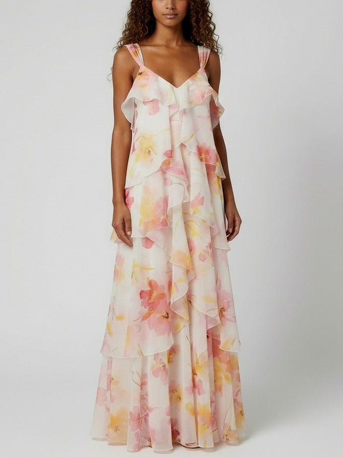 Tiered Floral Chiffon Ruffle Maxi Dress - Dresses