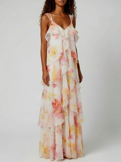 Tiered Floral Chiffon Ruffle Maxi Dress - Dresses