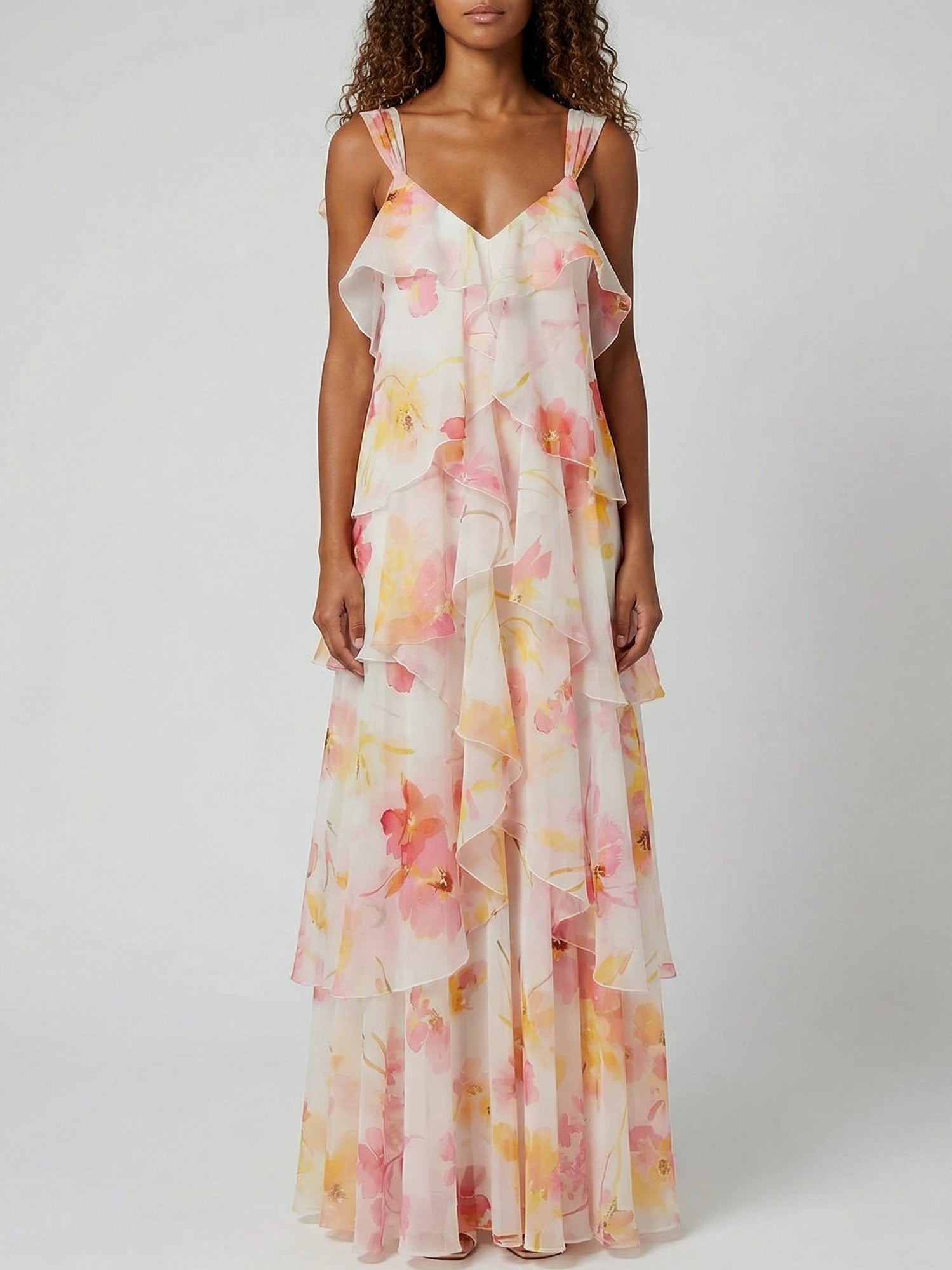 Tiered Floral Chiffon Ruffle Maxi Dress - S - Dresses