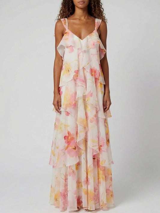 Tiered Floral Chiffon Ruffle Maxi Dress - S - Dresses