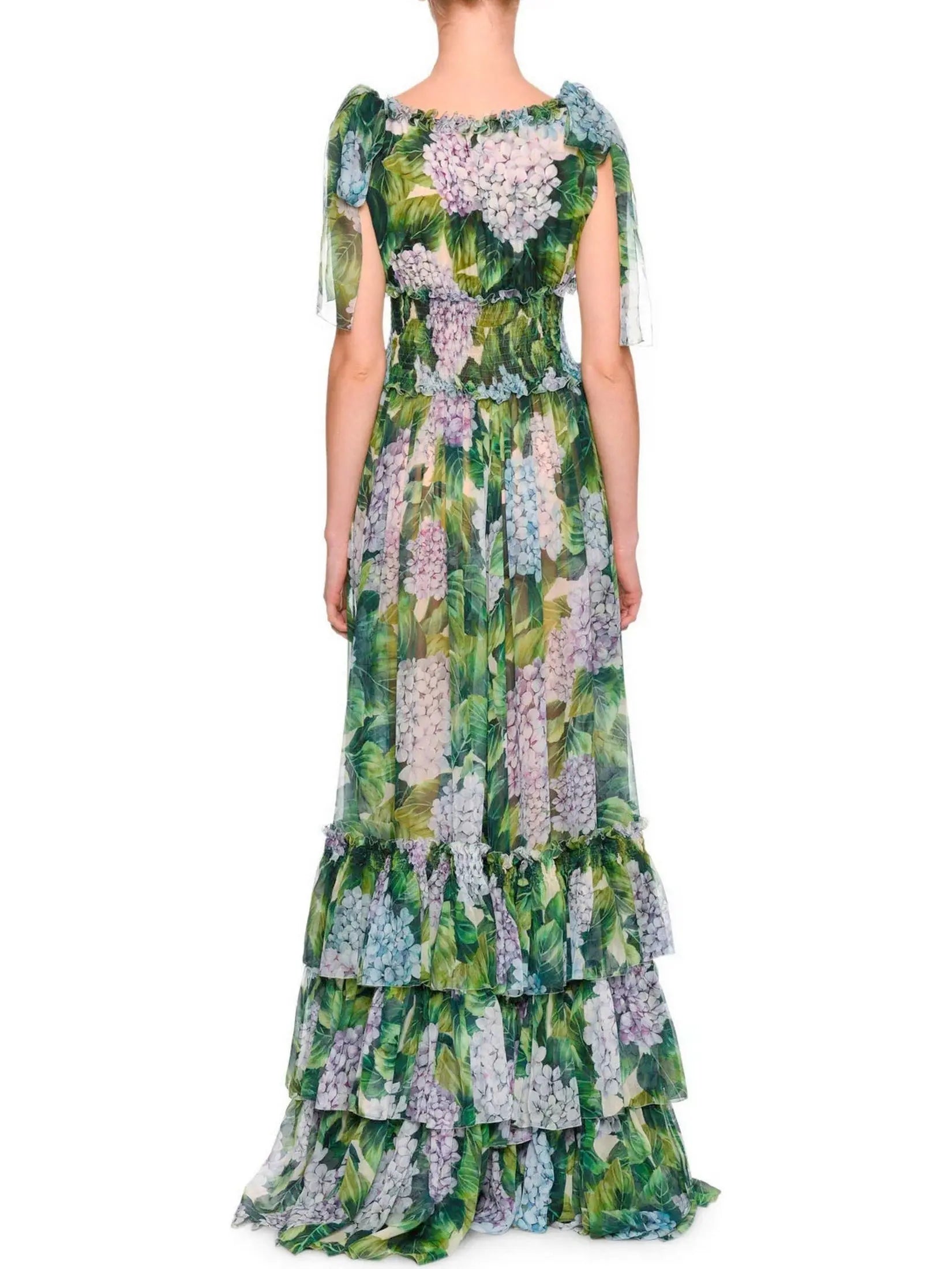 Tiered Hydrangea Chiffon Gown Green - Dresses