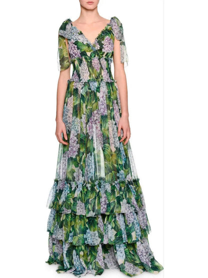 Tiered Hydrangea Chiffon Gown Green - s - Dresses