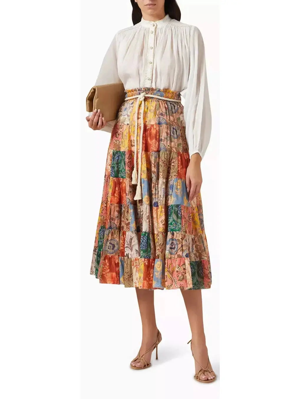 Tiered Midi Skirt in Patch Floral Print - Skirts