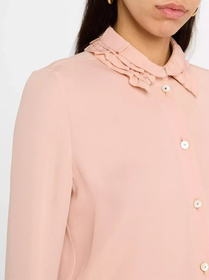 Tiered Ruffle Trim Button Down Silk Blouse - Tops