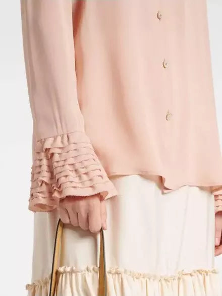 Tiered Ruffle Trim Button Down Silk Blouse - Tops