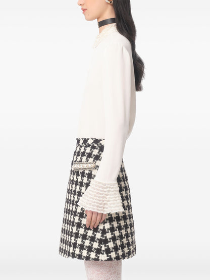 Tiered Ruffle Trim Button Down Silk Blouse - Tops