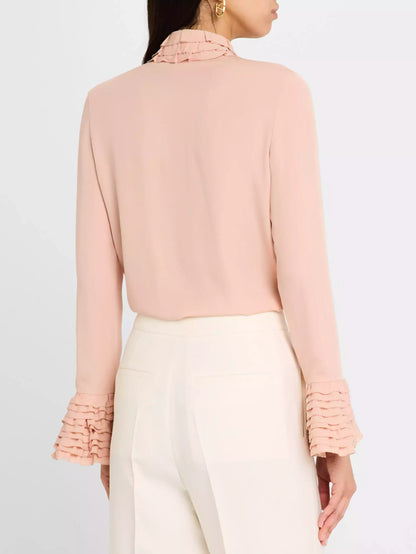 Tiered Ruffle Trim Button Down Silk Blouse - Tops